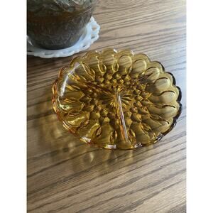 Vintage Anchor Hocking Amber Glass Divided Serving Dish Oval Scalloped Edge 8.5”